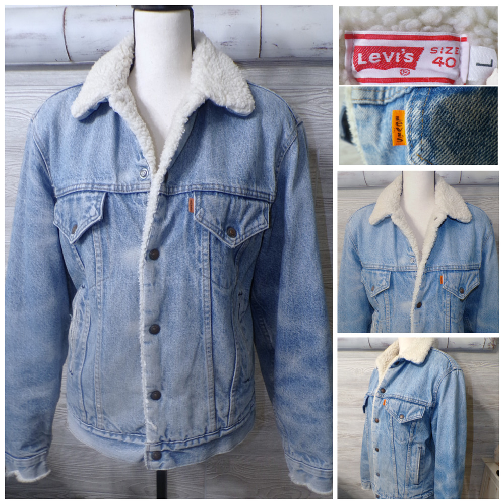 Vtg 70's Levi’s denim Jacket 40 Trucker Sherpa M Orange tab Made USA fading fray